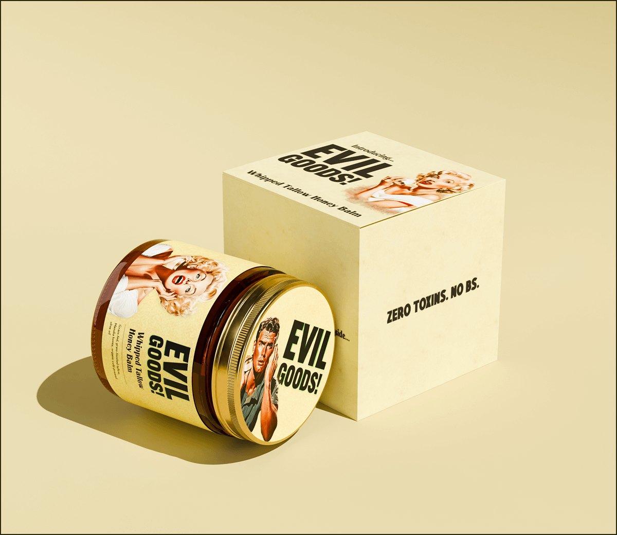 Product packaging showing a jar and box on a beige background